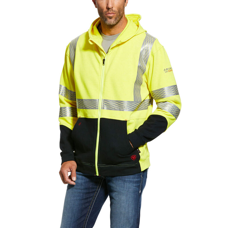Ariat FR Hi Vis Full Zip Hoodie - Hi Vis Yellow flame, resistant, retardant, frc, hood, reflective, trim, striping, bright, green, viz, high, visibility