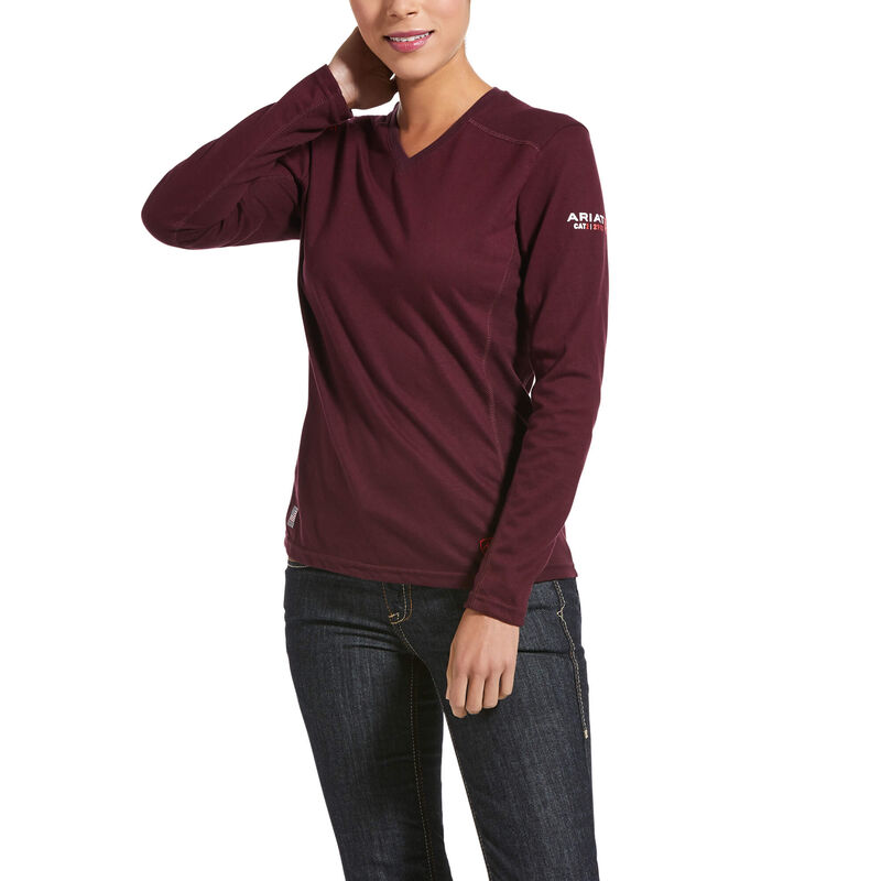 Ariat FR Womens AC Top - Malbec ladies, flame, resistant, retardant, solid, frc, shirt, long sleeve, v-neck, wine, plum, burgundy