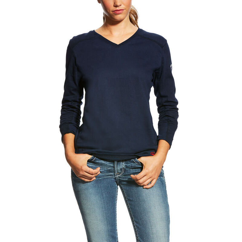 Ariat FR Womens AC Top - Navy ladies, flame, resistant, retardant, solid, frc, shirt, long sleeve, v-neck