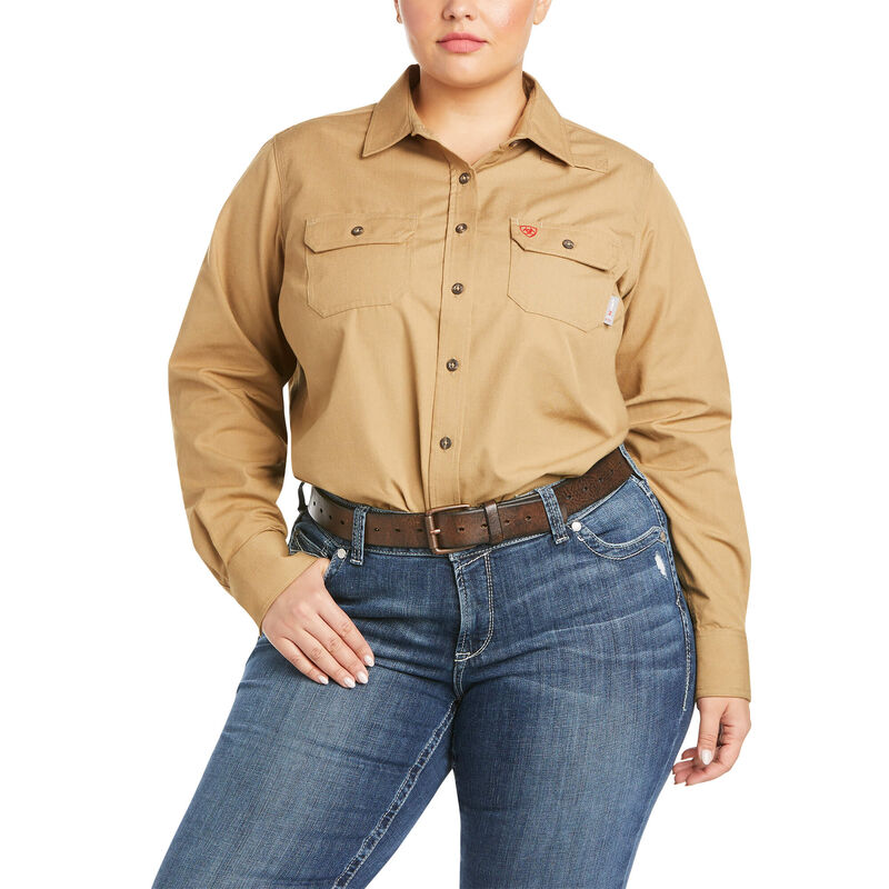 Ariat FR Womens Featherlight Work Shirt - Khaki_DISCONTINUED ladies, flame, resistant, retardant, buttondown, button, down, glen, guard, glenguard, brown, tan, beige