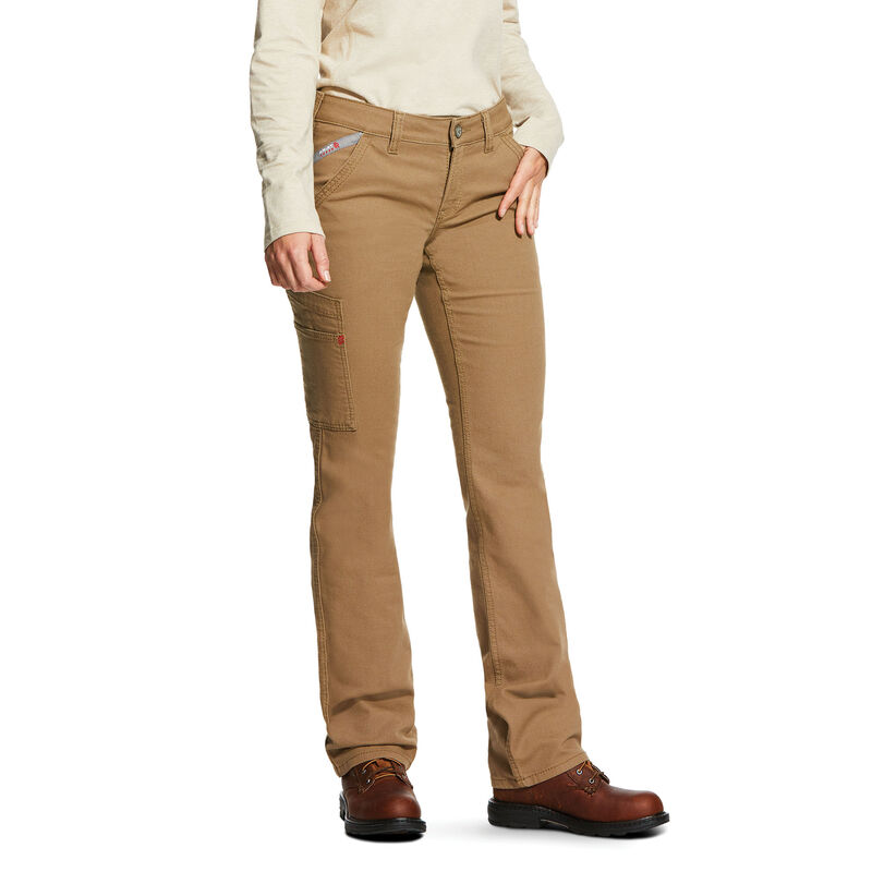 Ariat FR Womens Mid Rise Duralight Stretch Canvas Straight Leg Pant - Khaki ladies, flame, resistant, retardant, tan, brown, field