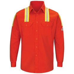 Bulwark FR 7 oz. Enhanced Visibility Uniform Shirt - Orange flame, resistant, retardant, arc, flash, fire, button, down, ppe, safety, hi, vis, viz, tape, reflective, trim, striping