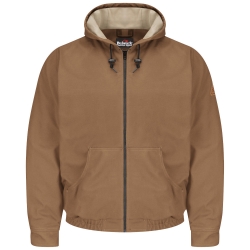 Bulwark FR Brown Duck Hooded Jacket with Lanyard Access on Back winterwear, coat, flame, frc, resistant, retardant, fire, arc, flash, electrical, warm, cold, tan, safety, harness