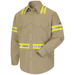 Bulwark FR Enhanced Visibility 7 oz. Uniform Shirt - Khaki flame, resistant, retardant, arc, flash, fire, button, down, ppe, safety, tan, beige, reflective, trim, tape