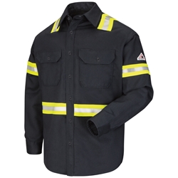 Bulwark FR Enhanced Visibility 7 oz. Uniform Shirt - Navy flame, resistant, retardant, arc, flash, fire, button, down, ppe, safety, reflective, trim, tape