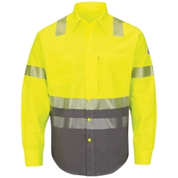 Bulwark FR Hi Visibility Color Block Uniform Shirt - Class 3 flame, resistant, retardant, arc, flash, fire, button, down,bright,yellow,green,ppe,safety,hi,vis,viz,tape