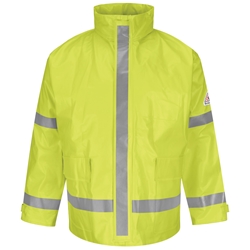 Bulwark FR Hi-Visibility Rain Jacket - Class 2 flame, resistant, retardant, arc, flash, fire, bright, yellow, green, ppe, safety, hi, vis, viz, tape, visibility, high