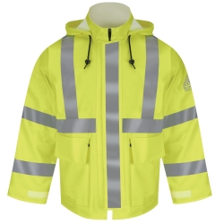Bulwark FR Hi-Visibility Rain Jacket - Class 3 flame, resistant, retardant, arc, flash, fire, bright, yellow, green, ppe, safety, hi, vis, viz, tape, visibility, high