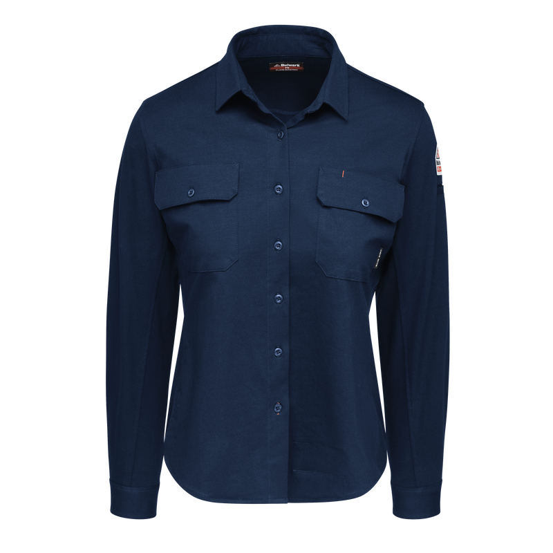 Bulwark FR Womens Flex Knit Button Down Shirt - Navy flame, resistant, retardant, arc, flash, fire, button, down, work, dark, blue, ladies