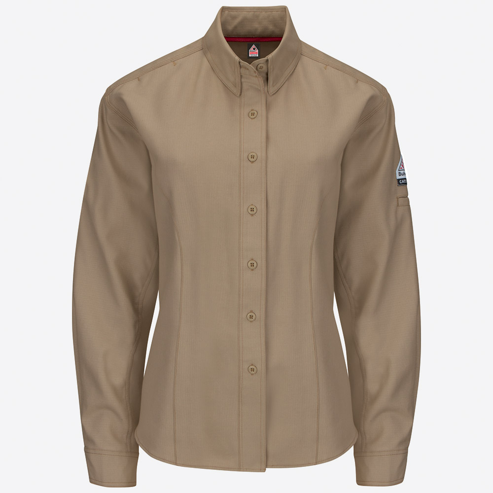 Bulwark FR iQ Series Endurance Womens Work Shirt - Khaki flame, resistant, retardant, arc, flash, fire, button, down, performance, work, westex, ripstop, twill, tan, beige, brown, ladies