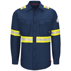 Bulwark FR iQ Series Enhanced Visibility Work Shirt - Navy flame, resistant, retardant, arc, flash, fire, button, down, endurance,westex,ripstop,twill,ppe,safety,hi,vis,viz,tape