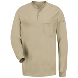 Bulwark FR Long Sleeve Tagless Henley - Khaki lightweight, tag-less, flame, resistant, retardant, arc, flash, fire, mens, shirt, tan, beige