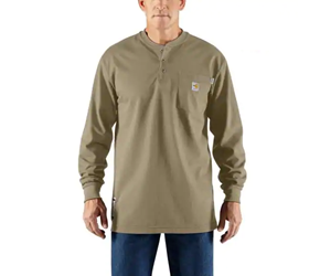 Carhartt FR Force Cotton Long Sleeve Henley - Khaki flame, resistant, retardant, frc, solid, tan, brown, beige