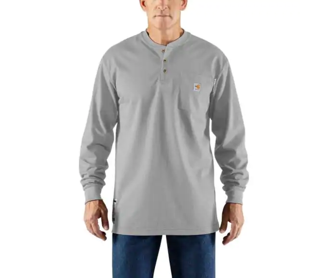 Carhartt FR Force Cotton Long Sleeve Henley - Light Gray flame, resistant, retardant, frc, solid, grey