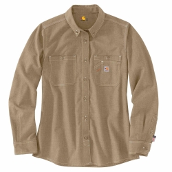 Carhartt Womens FR Force Relaxed Fit Lightweight Work Shirt - Khaki flame, resistant, retardant, ladies, frc, button, down, arc, fire, dark, brown, tan, beige, long-sleeve, long