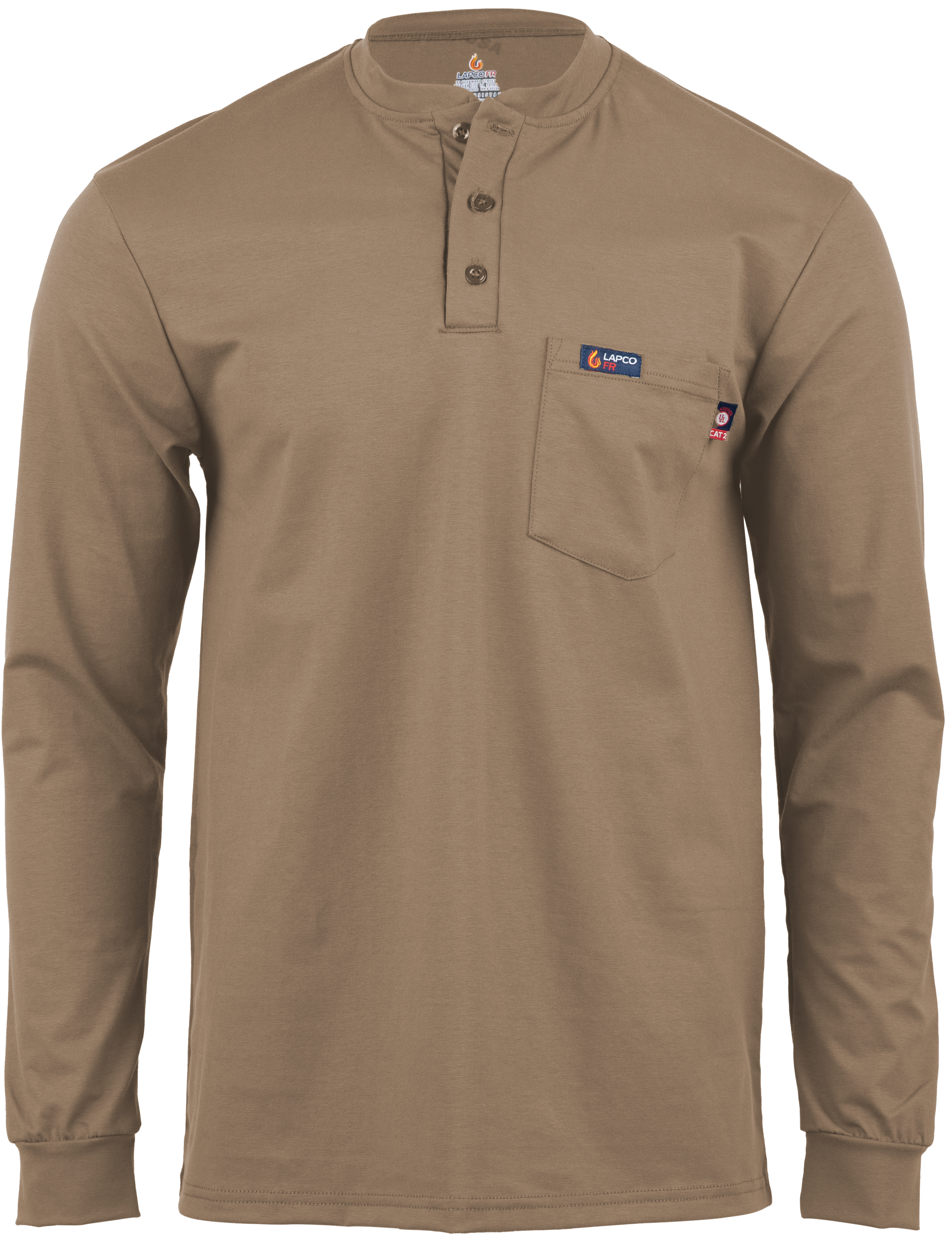 Lapco 6 oz. FR Henley Tee with Pocket - Khaki flame, resistant, retardant, tan, lightweight