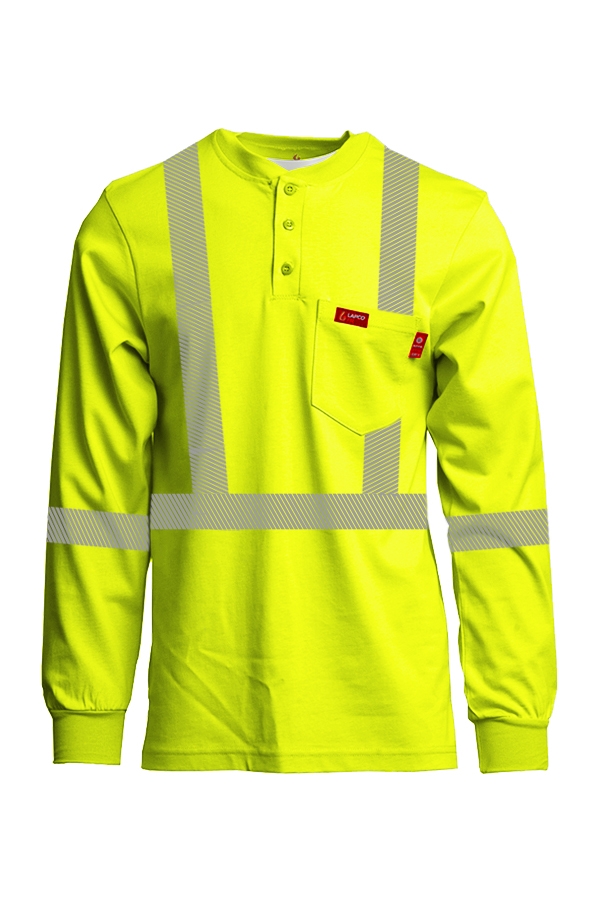 Lapco 7 oz. FR Hi-Viz Henley Tee - Type R Class 2 flame, resistant, retardant, reflective, striping, green, yellow, hi-vis, visibility, high