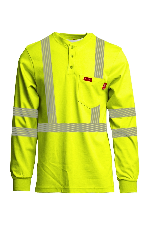 Lapco 7 oz. FR Hi-Viz Henley Tee - Type R Class 3 flame, resistant, retardant, reflective, striping, green, yellow, hi-vis, visibility, high