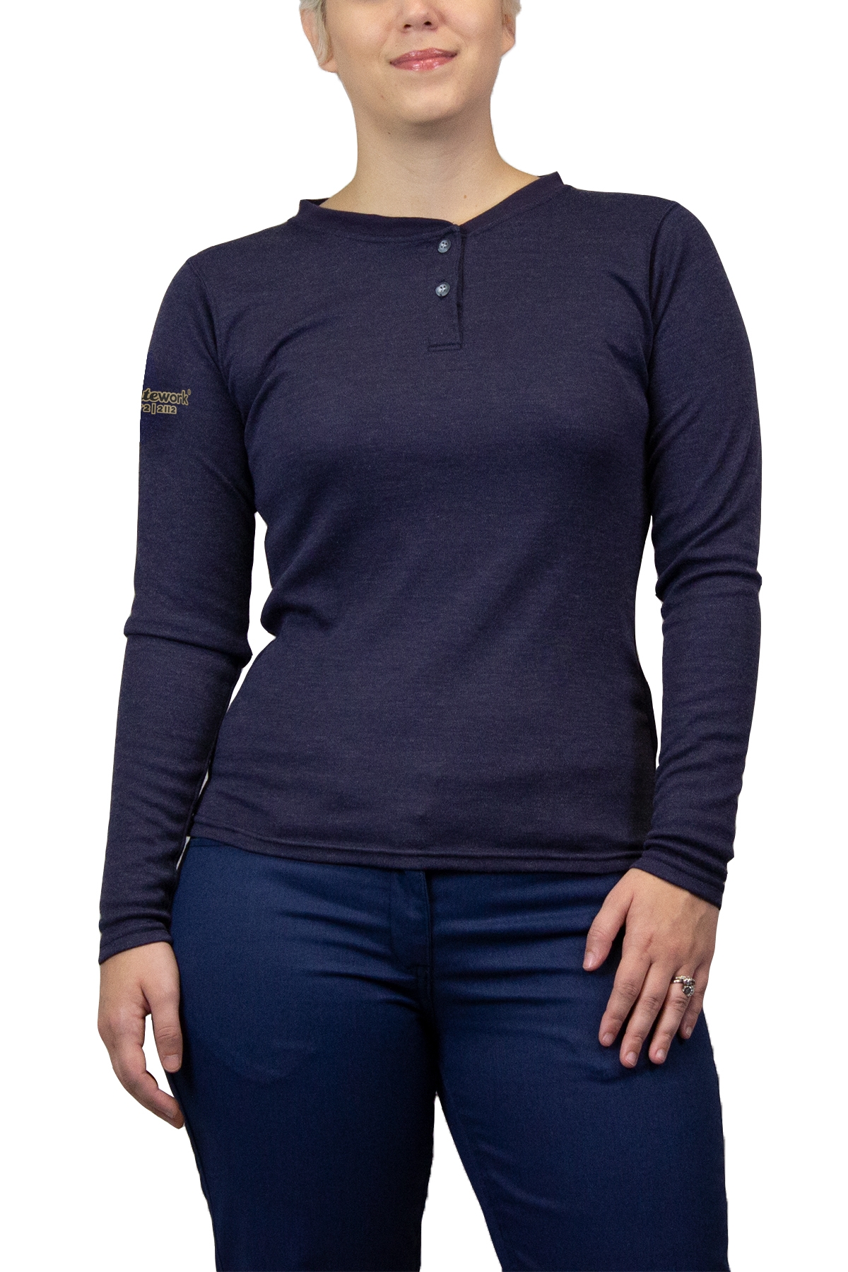 NSA Womens Just the Basics FR Henley - Navy tts, fr, flame, resistant, retardant, women's, ladies, girls, frc, henly, tshirt, long, sleeve, tan, khaki, navy, base, layer, hauteworks, haute, works, hot