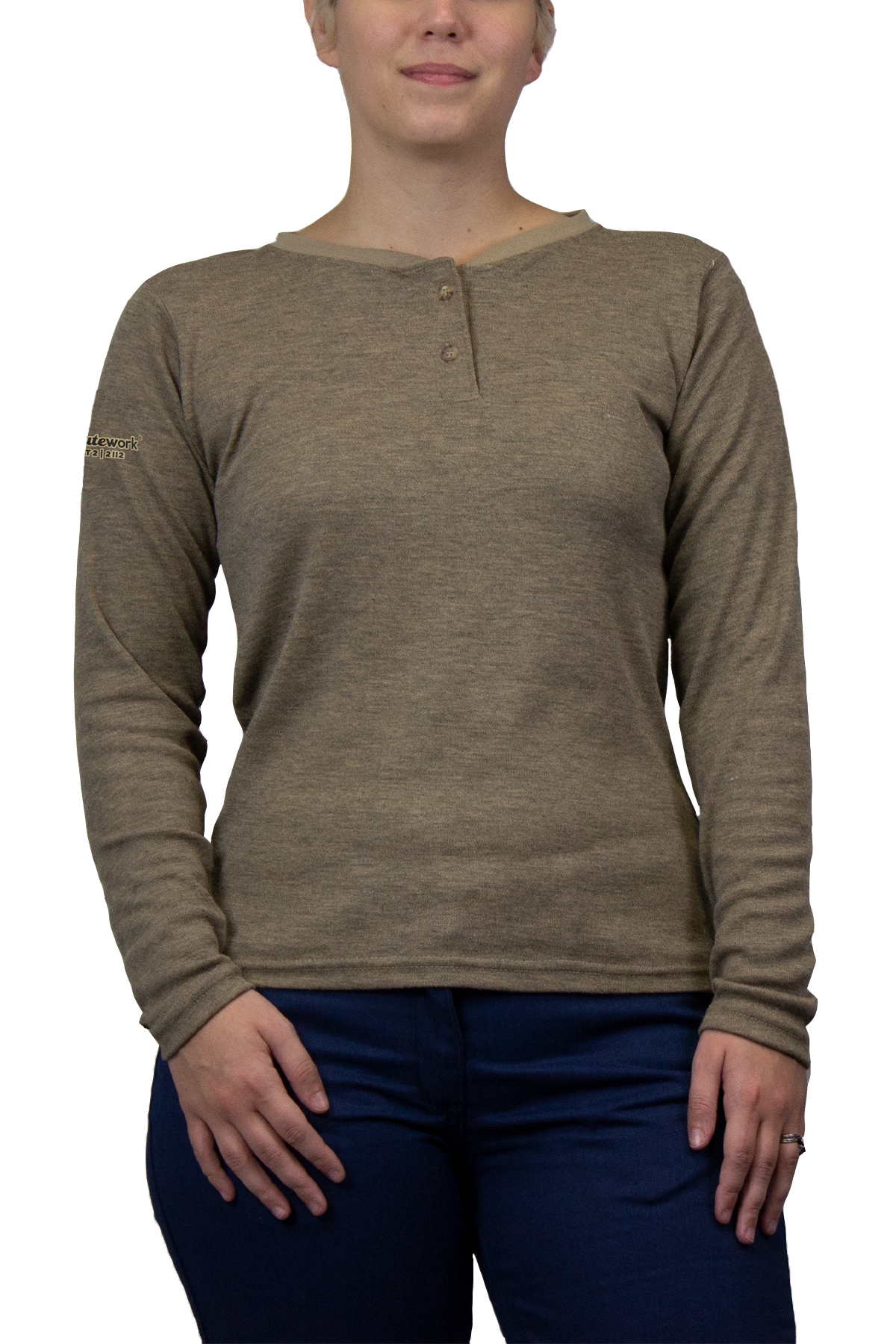 NSA Womens Just the Basics FR Henley - Tan tts, fr, flame, resistant, retardant, women's, ladies, girls, frc, henly, tshirt, long, sleeve, tan, khaki, navy, base, layer, hauteworks, haute, works, hot