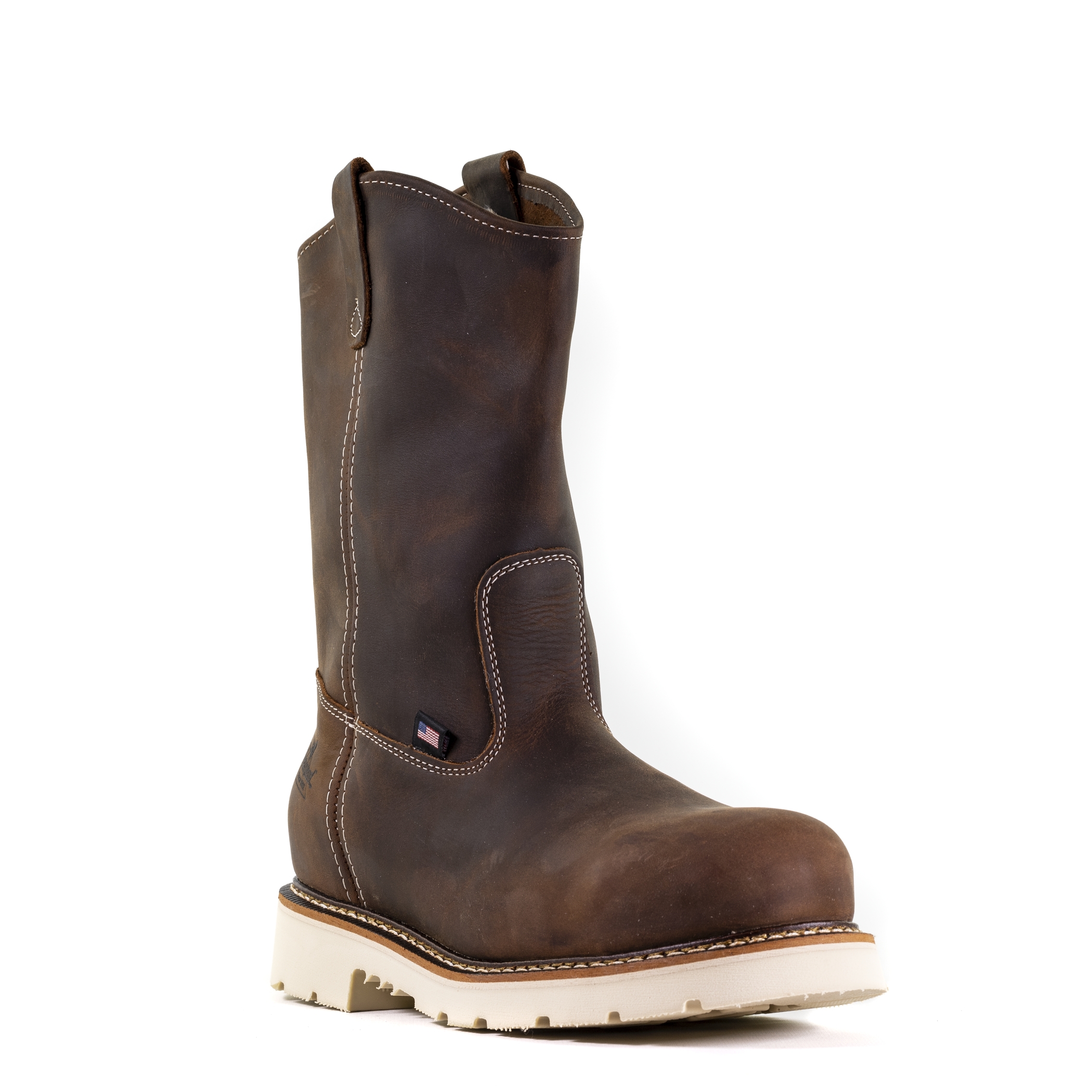 Thorogood Mens American Heritage 11" Crazy Horse Safety Toe Wellington white, sole, rubber, mid-calf, calf, pull, on