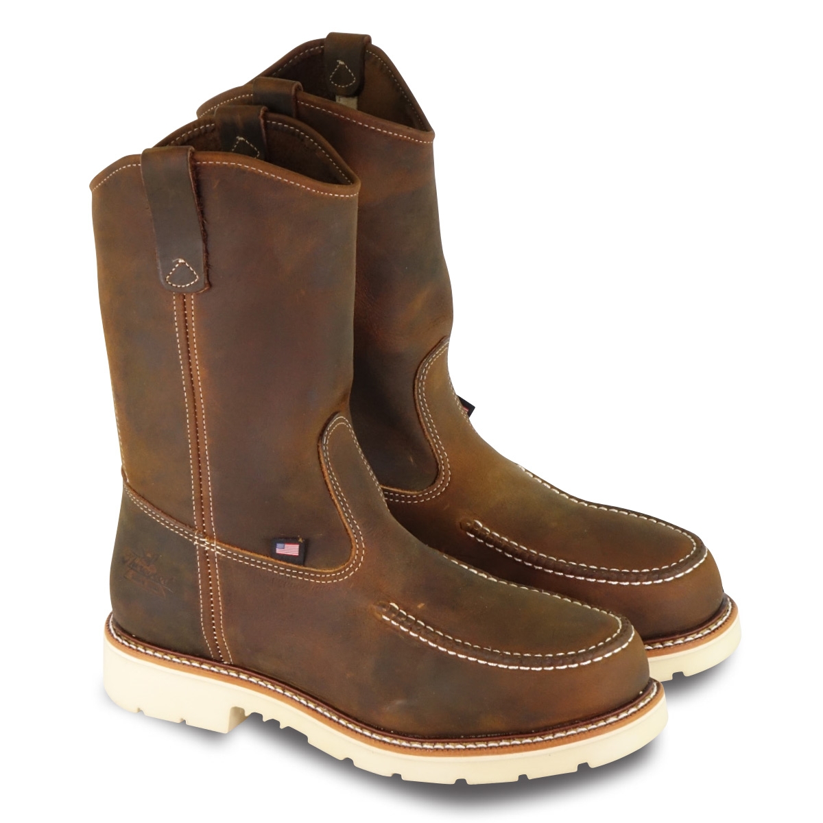 Thorogood Mens American Heritage 11" Crazy Horse Safety Toe Wellington - Moc Toe Pull-On white, sole, rubber, mid-calf, calf, pull, on, crazyhorse